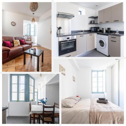 un collage de photos d'une cuisine et d'un salon dans l'établissement Le Clair de Ville, à Pau