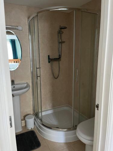 a bathroom with a shower with a toilet and a sink at Hanley Swan, The Garden Flat in Madresfield