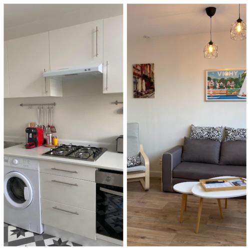 deux photos d'une cuisine et d'un salon avec un canapé dans l'établissement Vichy Coeur de Ville, à Vichy