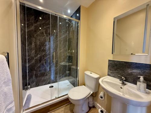 a bathroom with a shower and a toilet and a sink at The Crescent York in York