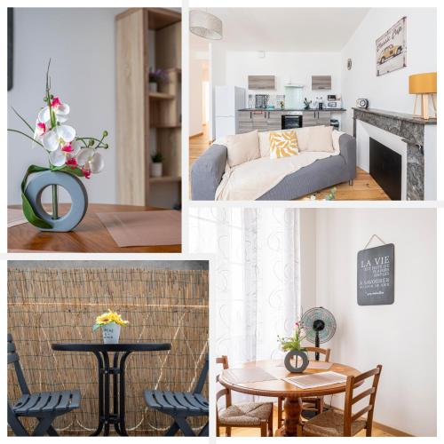 un collage de photos d'un salon et d'une cuisine dans l'établissement Le Douillet Béarnais, à Pau