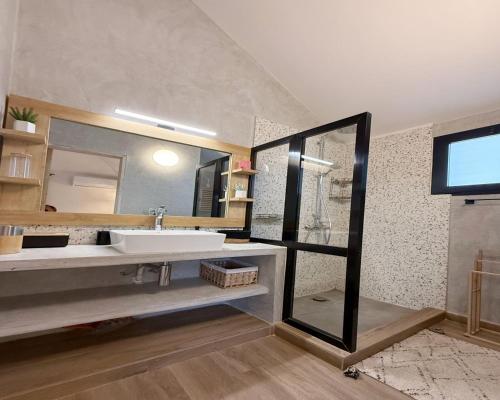 a bathroom with a sink and a large mirror at Agence Adjana Resort - Résidence du Port 3 in Sali Tapé
