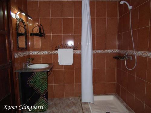 a bathroom with a shower and a sink at Hotel Tomboctou in Tinerhir