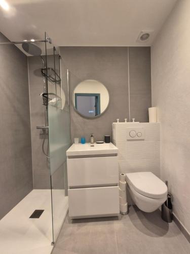 une salle de bain avec toilettes, lavabo et miroir dans l'établissement Fisherman's house in Port Grimaud, à Grimaud