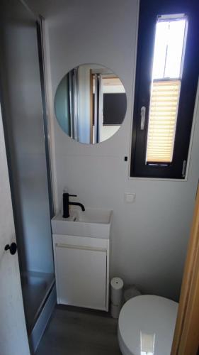 a bathroom with a white toilet and a mirror at Houseboat SeeSea Mazury - Domek na wodzie Bogaczewo k Giżycka in Bogaczewo