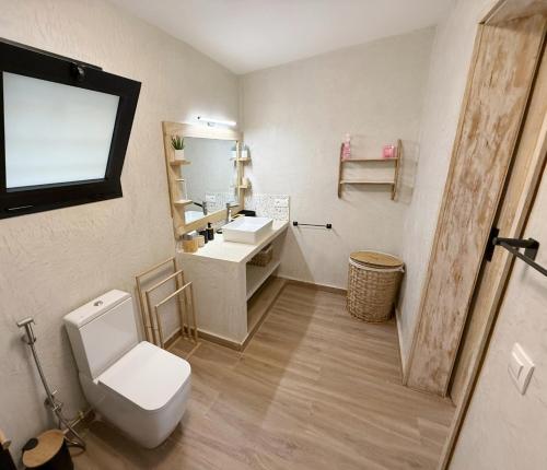 a bathroom with a toilet and a sink and a mirror at Agence Adjana Resort - Résidence du Port 3 in Sali Tapé