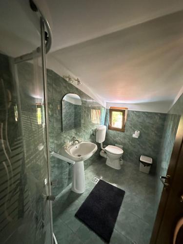 a bathroom with a sink and a toilet and a shower at Vila Camelia in Eforie Nord