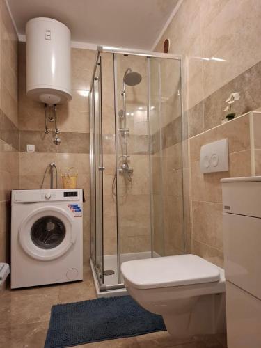 a bathroom with a shower toilet and a washing machine at Apartman Nenad in Pula
