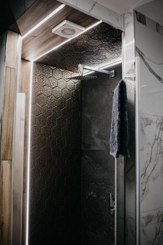 a bathroom with a shower with a glass door at Domki-Temar Kompleks Wypoczynkowy in Dąbie