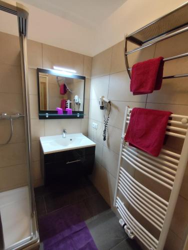 a bathroom with a sink and a shower and red towels at Ferienwohnung Loitfelder-Pang in Saalbach-Hinterglemm