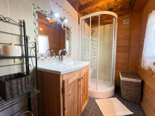 une salle de bain avec un lavabo et une douche dans l'établissement Mazot savoyard avec 2 chambres, WIFI, animaux admis, parking privatif - FR-1-505-217, à Notre-Dame-de-Bellecombe