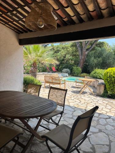 un patio avec une table et des chaises et une piscine dans l'établissement Villa provençale au coeur du golfe, à Grimaud