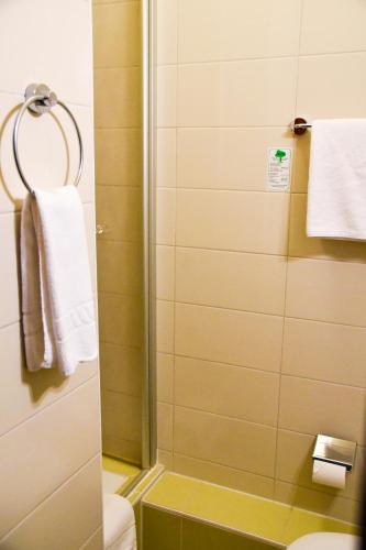 a bathroom with a shower and a toilet and towels at Parkhotel Zirndorf in Zirndorf