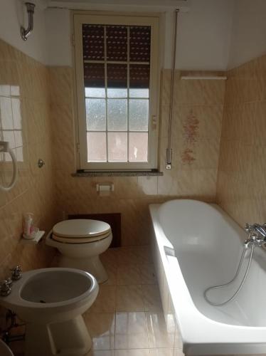 a bathroom with a toilet and a tub and a sink at i giardini di Ailobran in Narbolia