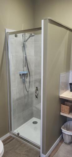 une douche avec une porte vitrée dans une salle de bain dans l'établissement Au coeur de Marie, à Aire-sur-la-Lys