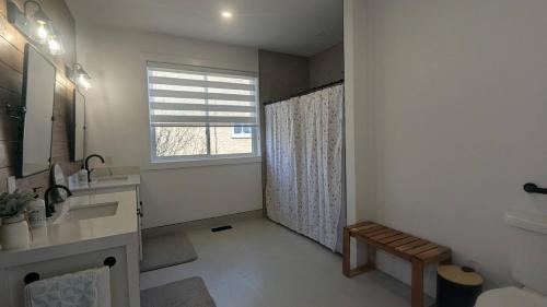 a bathroom with a sink and a shower with a window at Wheel chair Access, Private Boat Launch in Roseneath