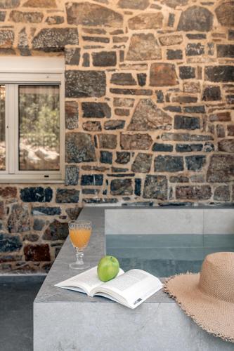 a table with an open book and an apple and a drink at Almyra Seaside Residence 80meters from the beach in Sísai
