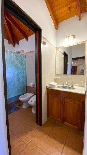 a bathroom with a sink and a toilet and a mirror at Cabañas Mirasoles in Villa General Belgrano