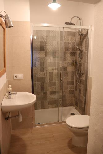 a bathroom with a shower and a sink and a toilet at Les Magranes Bed & Breakfast in Argelaguer