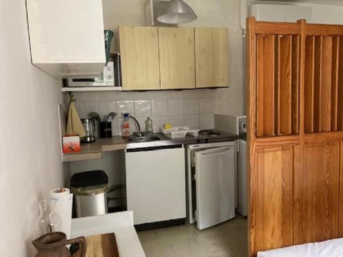 - une petite cuisine avec des appareils blancs et des armoires en bois dans l'établissement Studio, à Nîmes