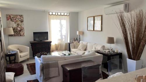 a living room with a white couch and a tv at Casa de Piedra Neisón in Taragoña