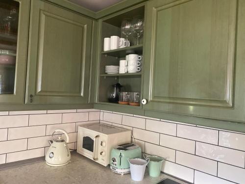 a kitchen with green cabinets and a white microwave at The Secret Garden in Cheb
