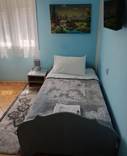 a bed in a room with a blue wall at BoHan sobe Vladičin Han in Vladičin Han
