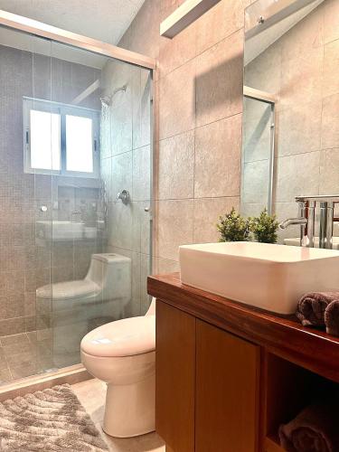 a bathroom with a toilet and a sink and a shower at Cozy house in central location in Hércules