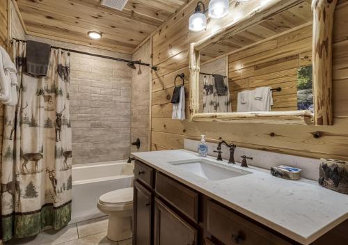 een badkamer met een wastafel, een toilet en een spiegel bij Cozy Log Cabin, hot tub, pool table, pool access in Gatlinburg
