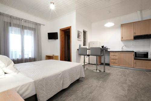a hotel room with a bed and a kitchen at Panorama Dream Studios B in Vourvourou