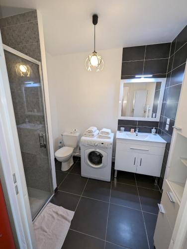 une salle de bain avec un lavabo et une machine à laver dans l'établissement Studio Bayonne proche gare et centre-ville, à Bayonne