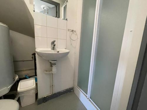 une salle de bain avec un lavabo, une douche et des toilettes dans l'établissement Studio au cœur de Lannion, à Lannion