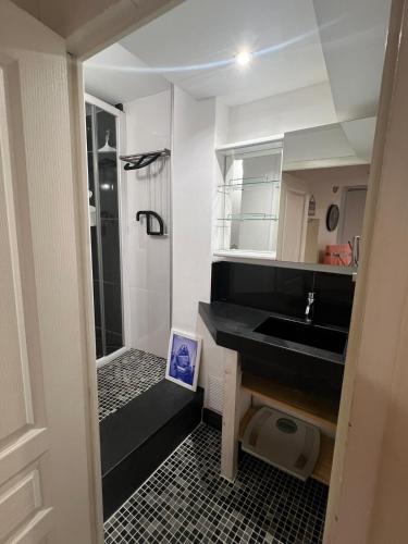 La salle de bains est pourvue d'un lavabo noir et d'une douche. dans l'établissement Le Rocher 2 pièces, à Fayence