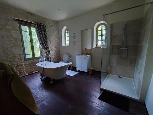 a large bathroom with a tub and a shower at Manoir des 2 Sources in Monestier