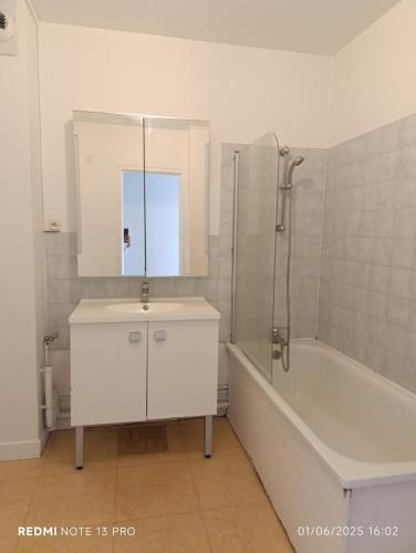 une salle de bain avec une baignoire, un lavabo et une douche dans l'établissement Asnières-sur-Seine, à Asnières-sur-Seine