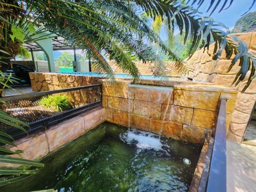 a koi pond in a garden with a palm tree at Ipoh Tambun pool villa 5br 18pax bbq mahjong in Tambun