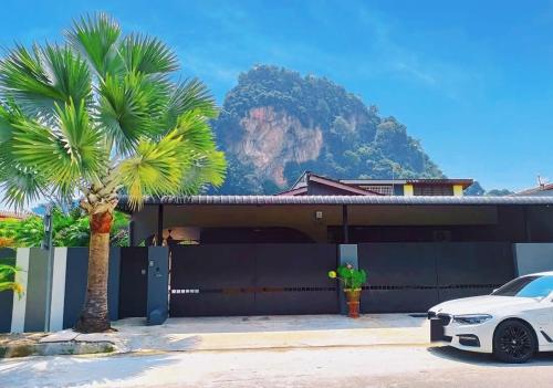 a white car parked in front of a house with a palm tree at Ipoh Tambun pool villa 5br 18pax bbq mahjong in Tambun