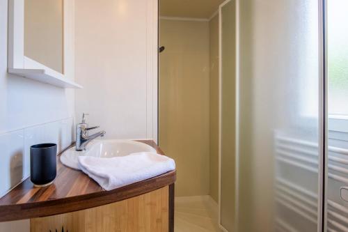 une salle de bain avec un lavabo et une douche dans l'établissement Beau mobile home avec terrasse, à Carnac