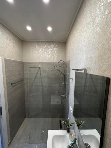 a bathroom with a shower and a sink at Moin Apartment in Sibiu
