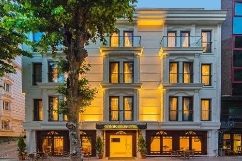 a yellow building with a tree in front of it at Grand Naki Hotel in Istanbul