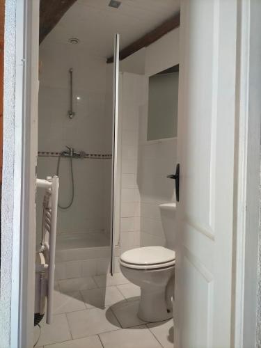 une salle de bain blanche avec toilettes et douche dans l'établissement Gîte de la Croix du Bonhomme à Champeix, à Champeix