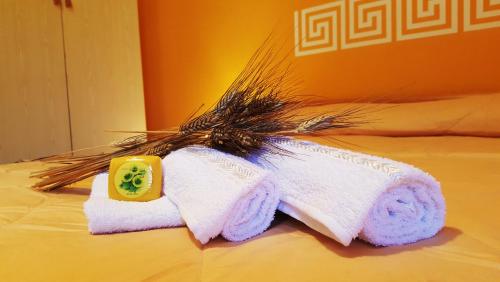 a pair of towels sitting on top of a bed at Phalanthos B&B in Leporano