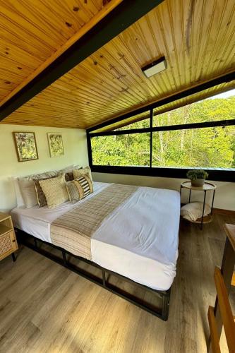 ein großes Bett in einem Zimmer mit einem großen Fenster in der Unterkunft Casa Selva Negra in Talamanca