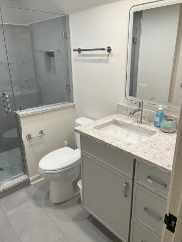 a bathroom with a toilet and a sink and a shower at 1515 Deer Pointe Villa in Seabrook Island