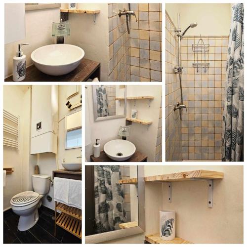 un collage de quatre photos d'une salle de bains dans l'établissement Le Provençal Apartment, Cozy, Quiet, Warm, à La Garde-Freinet