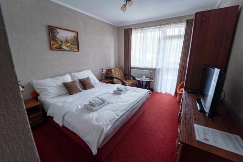 a hotel room with a bed and a television at Penzión Alpský dom in Vitanová
