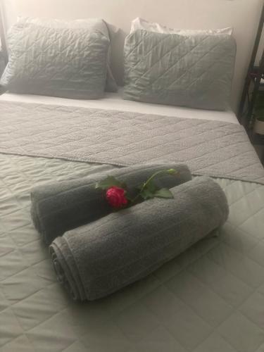 a bed with two pillows and a rose on it at Casa Vagon Villa Janer in San Lorenzo