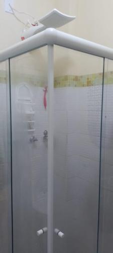 a shower with a glass door in a bathroom at Apê da Terezinha in Rio de Janeiro