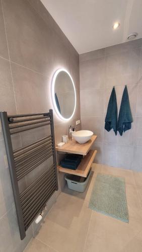 a bathroom with a sink and a mirror at Dulce Tierra - appartement in Zoutelande