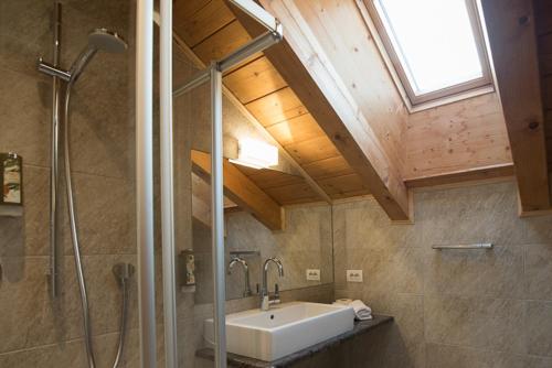 a bathroom with a sink and a glass shower at Mahlknechthuette Seiseralm in Alpe di Siusi
